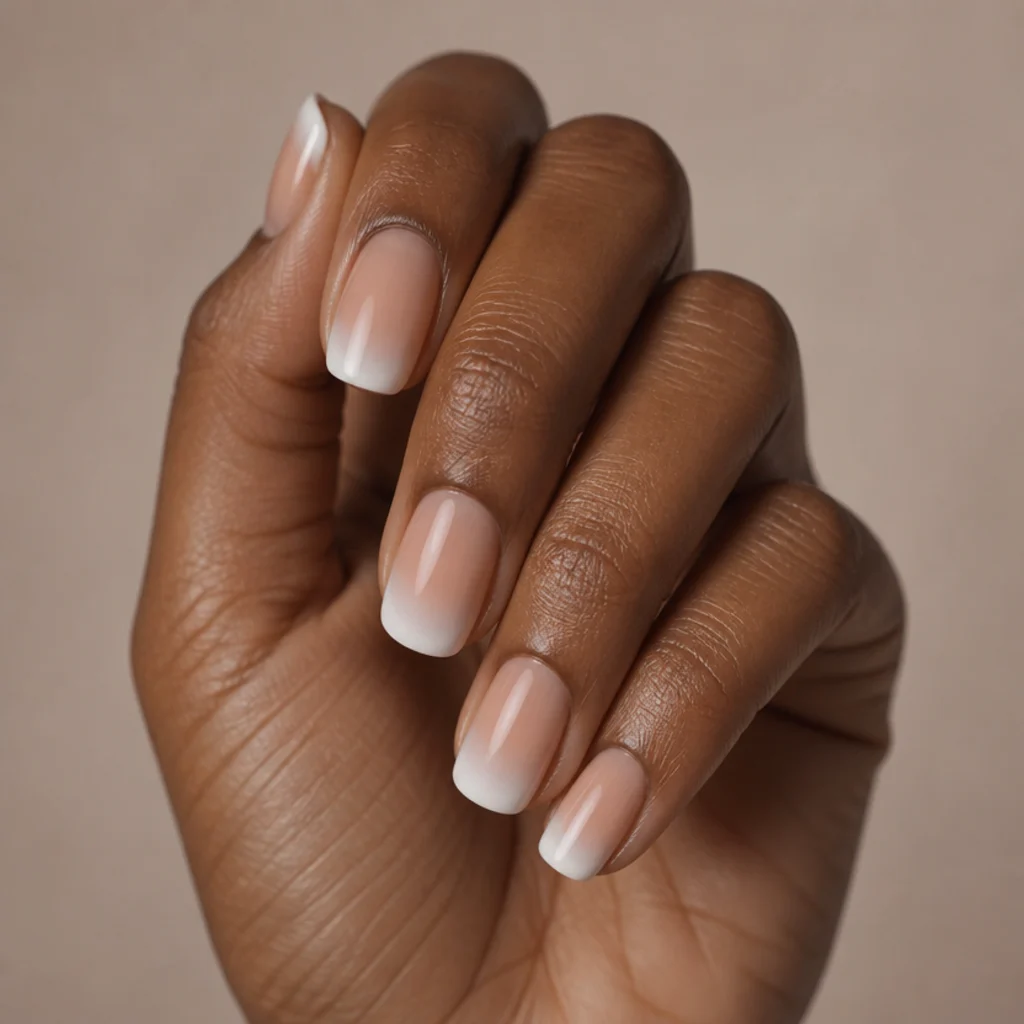 Squoval nails with a soft-focus blooming gel french tip in white, the smile line blurred instead of crisp, editorial macro on taupe