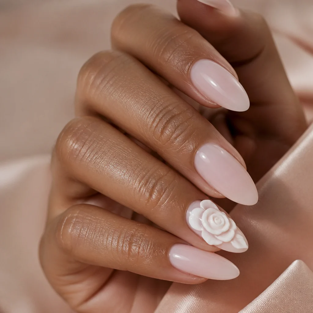 Long almond nails in sheer pink with a single sculpted 3D white gel rose on the ring finger, raised petals catching light, macro on blush
