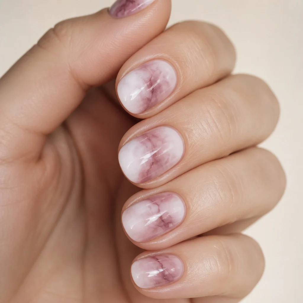 Round nails with overlapping blush and white blooming gel blooms bleeding into one another like wet watercolor paper, soft macro on ivory