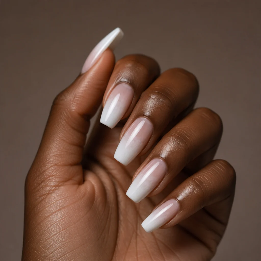 Coffin nails with a milky white cloud ombre made from blooming gel fading top to bottom, dreamy soft-focus macro on taupe