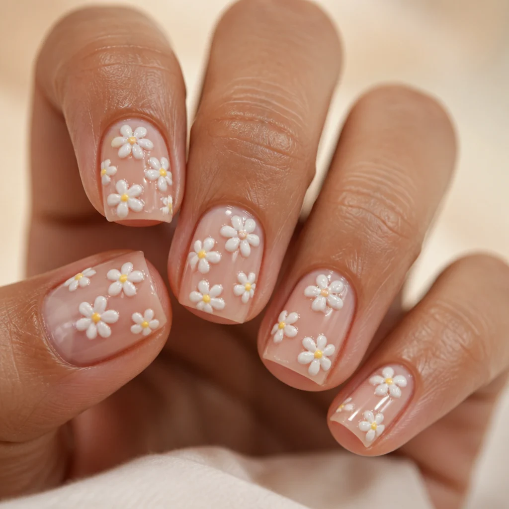 Short square nails scattered with tiny 3D white gel daisies with yellow centers, dimensional petals, cheerful macro on warm ivory