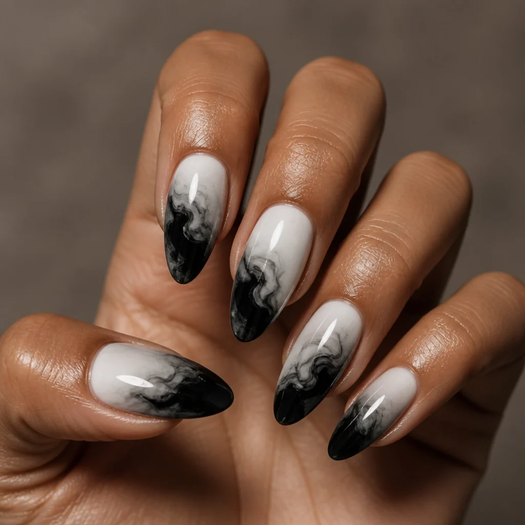 Almond nails with dramatic black and white blooming gel bleeding together into a smoky grey border, high-contrast editorial macro on taupe