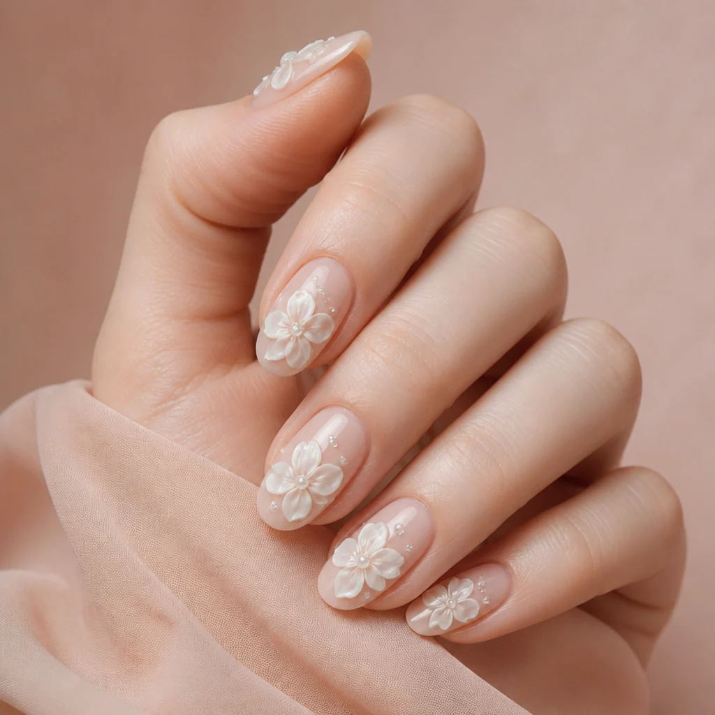 Oval nails with sculpted 3D white gel petals topped with tiny set pearls, elegant raised texture, luxe macro on blush background