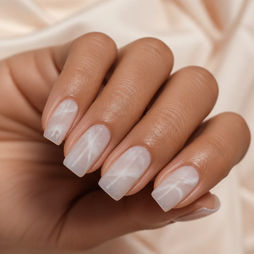 Squoval nails with sheer white and grey blooming gel veins mimicking soft marble striations, translucent macro on ivory