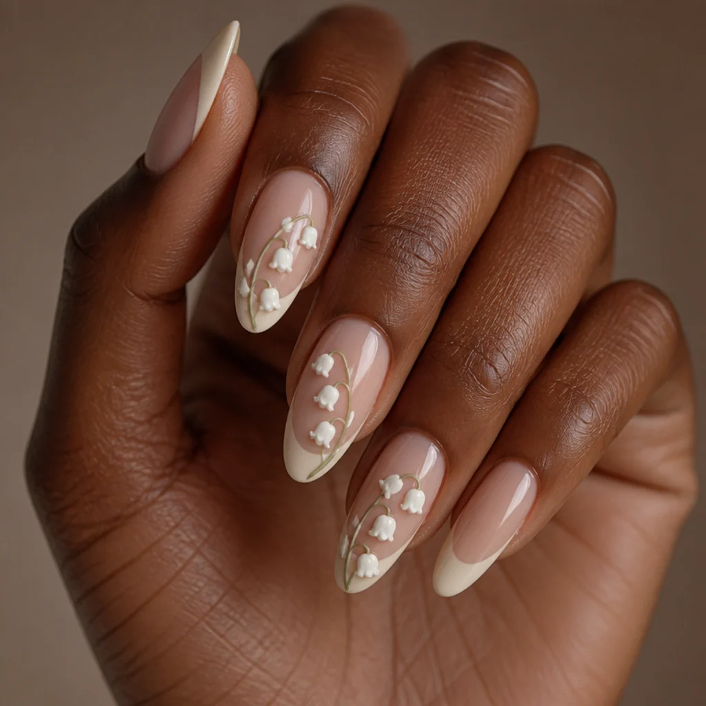 Long almond nails with sculpted 3D white gel lily-of-the-valley bells trailing up the nail on thin green gel stems, delicate macro on taupe
