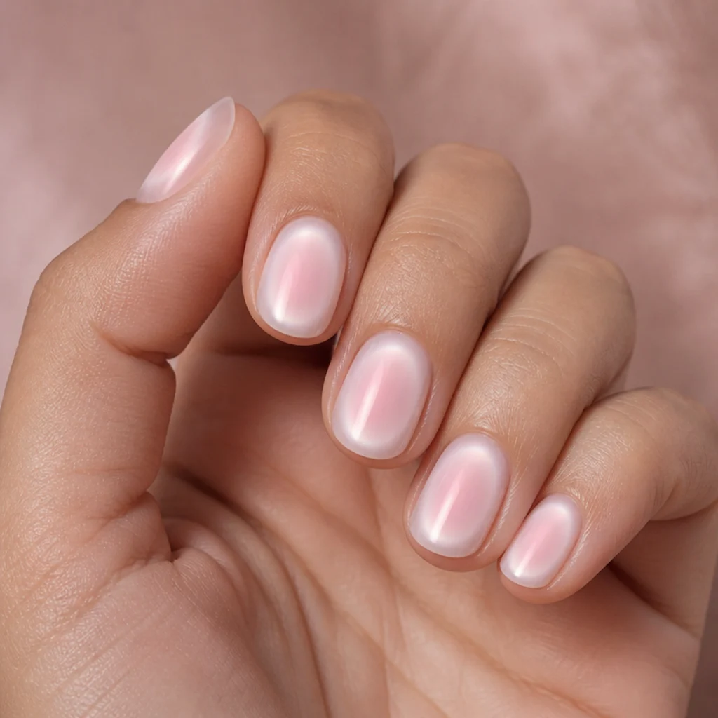 Round nails with a glowing white aura halo created by blooming gel radiating from the center over a tinted base, ethereal soft-focus macro on blush