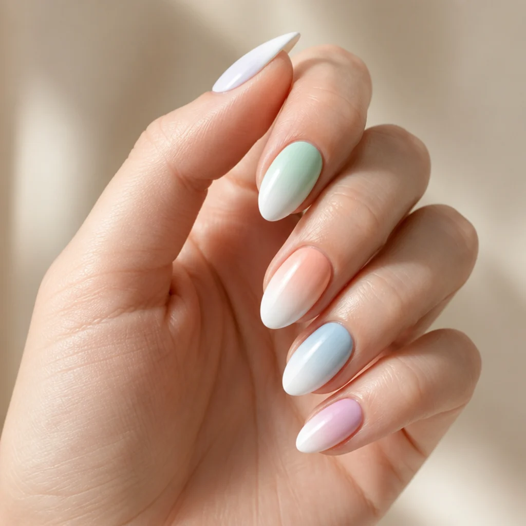 Almond nails each a different soft pastel blooming into white, a muted rainbow across the hand, cheerful macro on warm ivory