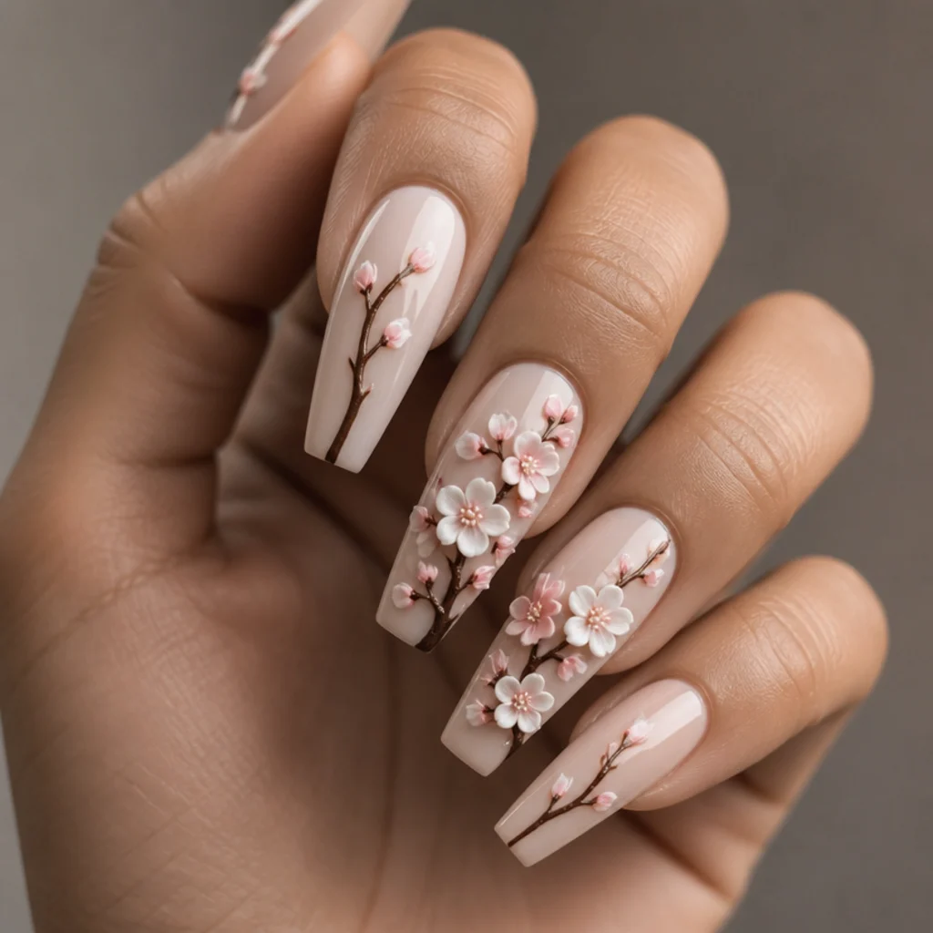 Long coffin nails with a sculpted 3D cherry blossom branch, white and pink gel flowers raised on a fine painted brown branch, elegant macro on taupe