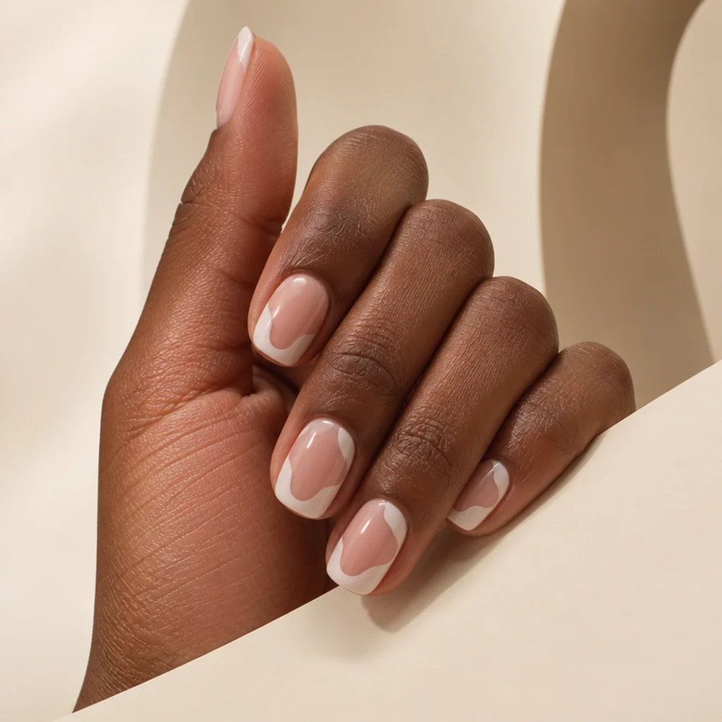 Squoval nails with a sheer nude base and crisp negative-space gaps framed by soft white blooming gel shapes, minimalist macro on ivory