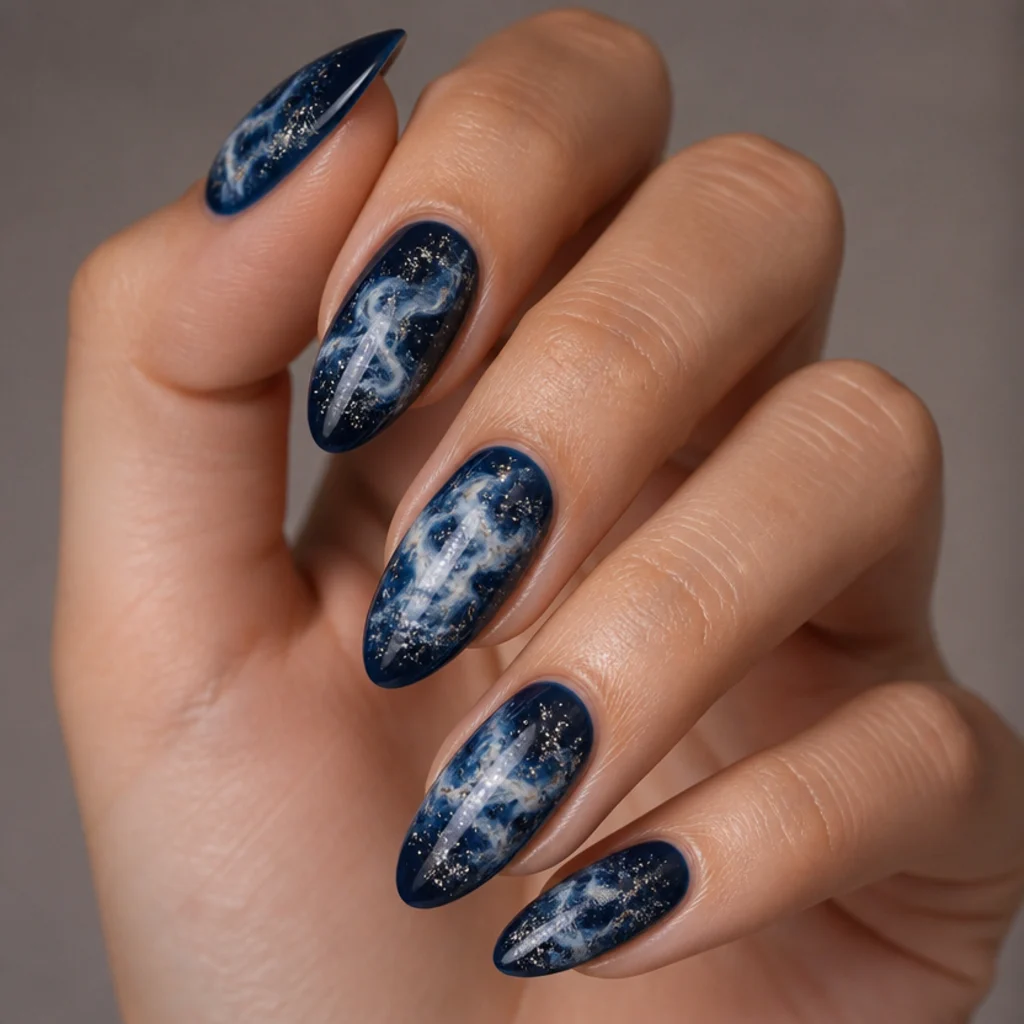 Almond nails with a deep navy base and white blooming gel nebula clouds dusted with fine silver flakes, cosmic macro on taupe