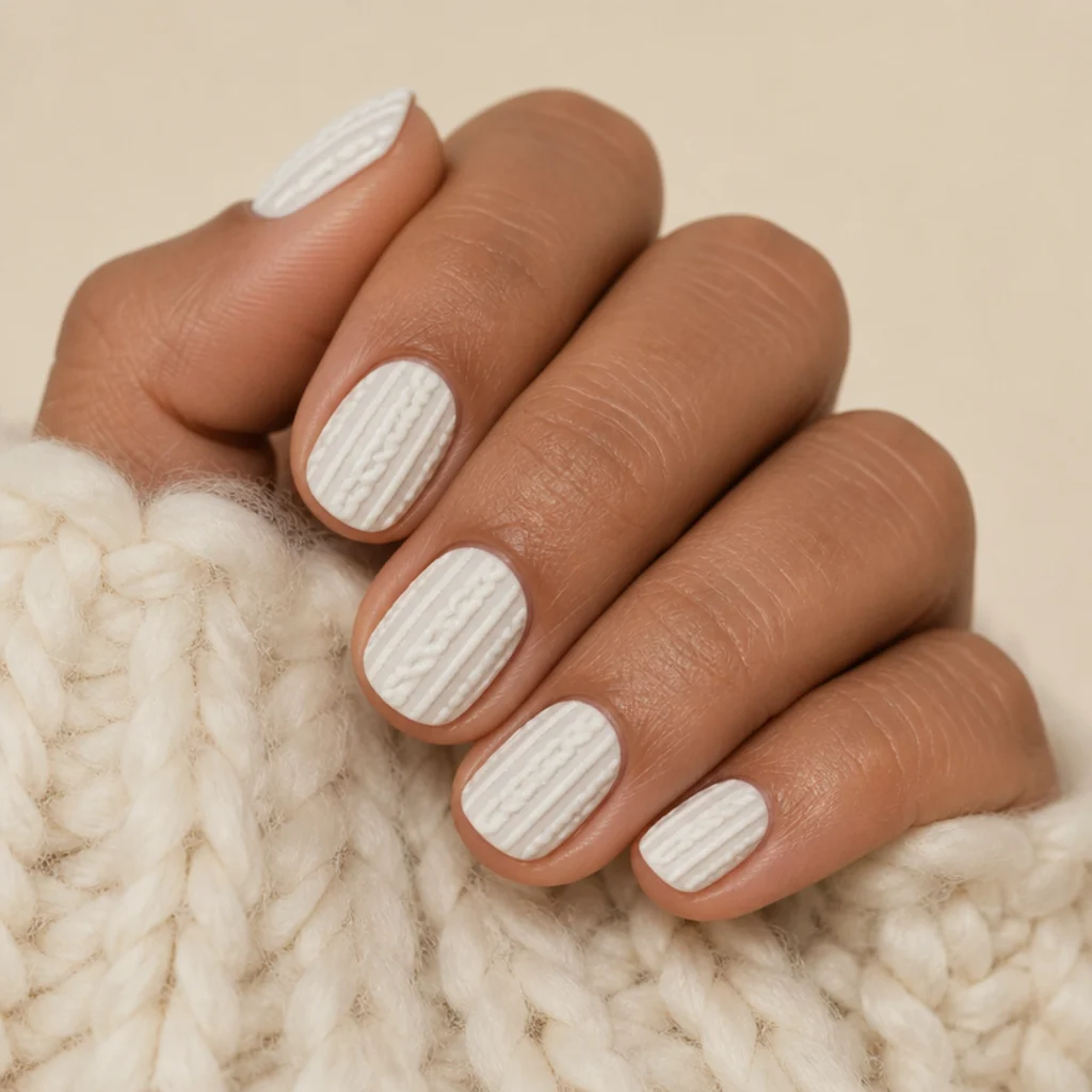 Short round nails in cream with sculpted 3D cable-knit sweater texture in white gel and a matte finish, cozy tactile macro on warm ivory