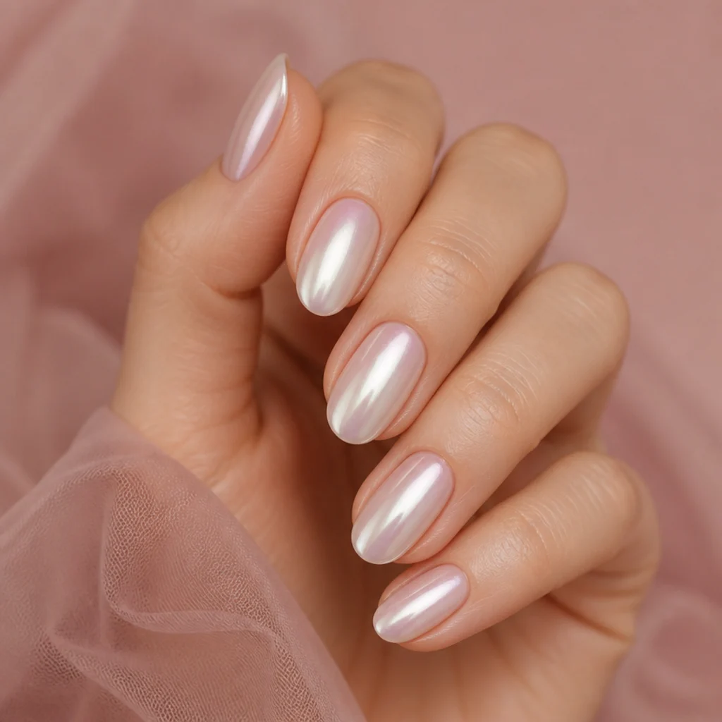 Oval nails with a white blooming gel smoke under-layer beneath a pearl chrome overlay creating an iridescent shifting finish, luxe macro on blush