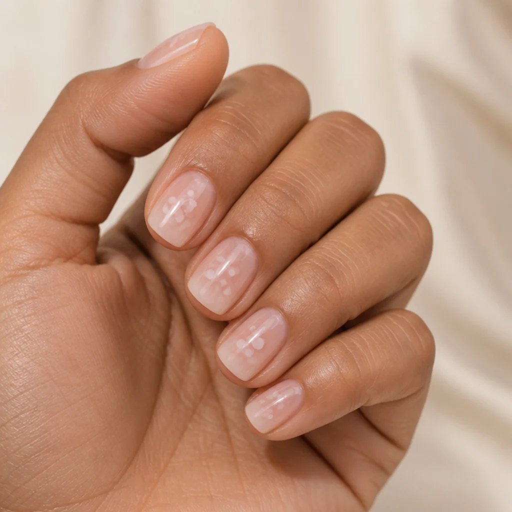 Short squoval nails with simple white blooming gel dots spreading into soft haloed circles over a sheer base, clean beginner-friendly macro on ivory