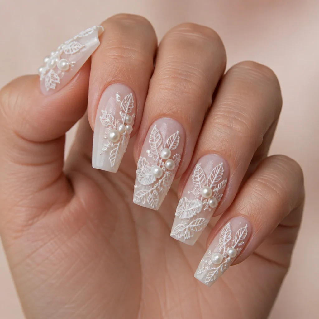 Long ballerina nails with a sheer base, a soft white blooming gel veil effect, and sculpted 3D white lace with scattered pearls, bridal macro on blush