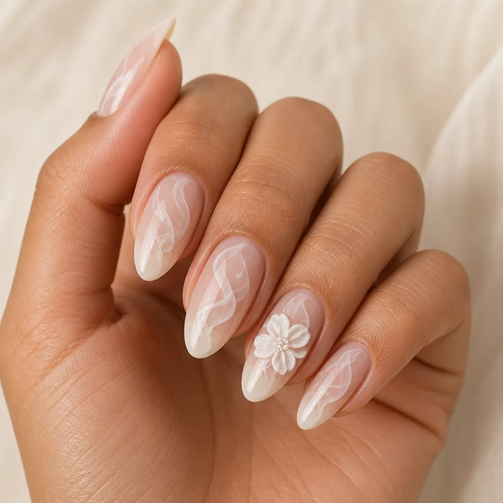 Close editorial macro of almond nails with white blooming gel smoke effect and raised 3D floral accents on a warm ivory background