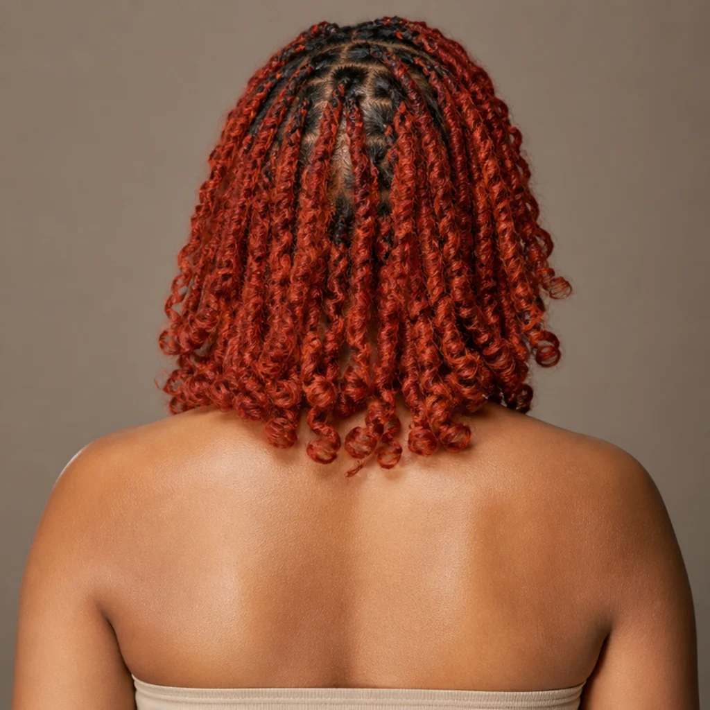 Back view of shoulder-length classic red butterfly locs in a true warm fire-engine red with soft distressed loop texture catching the light