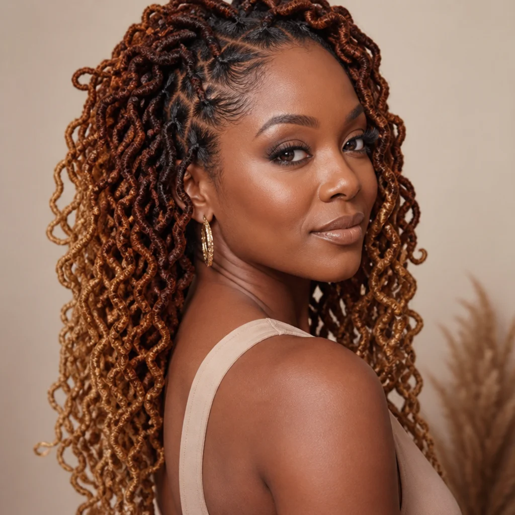 Three-quarter side view of butterfly locs blending copper at the roots smoothly into honey at the ends in a dimensional gradient melt