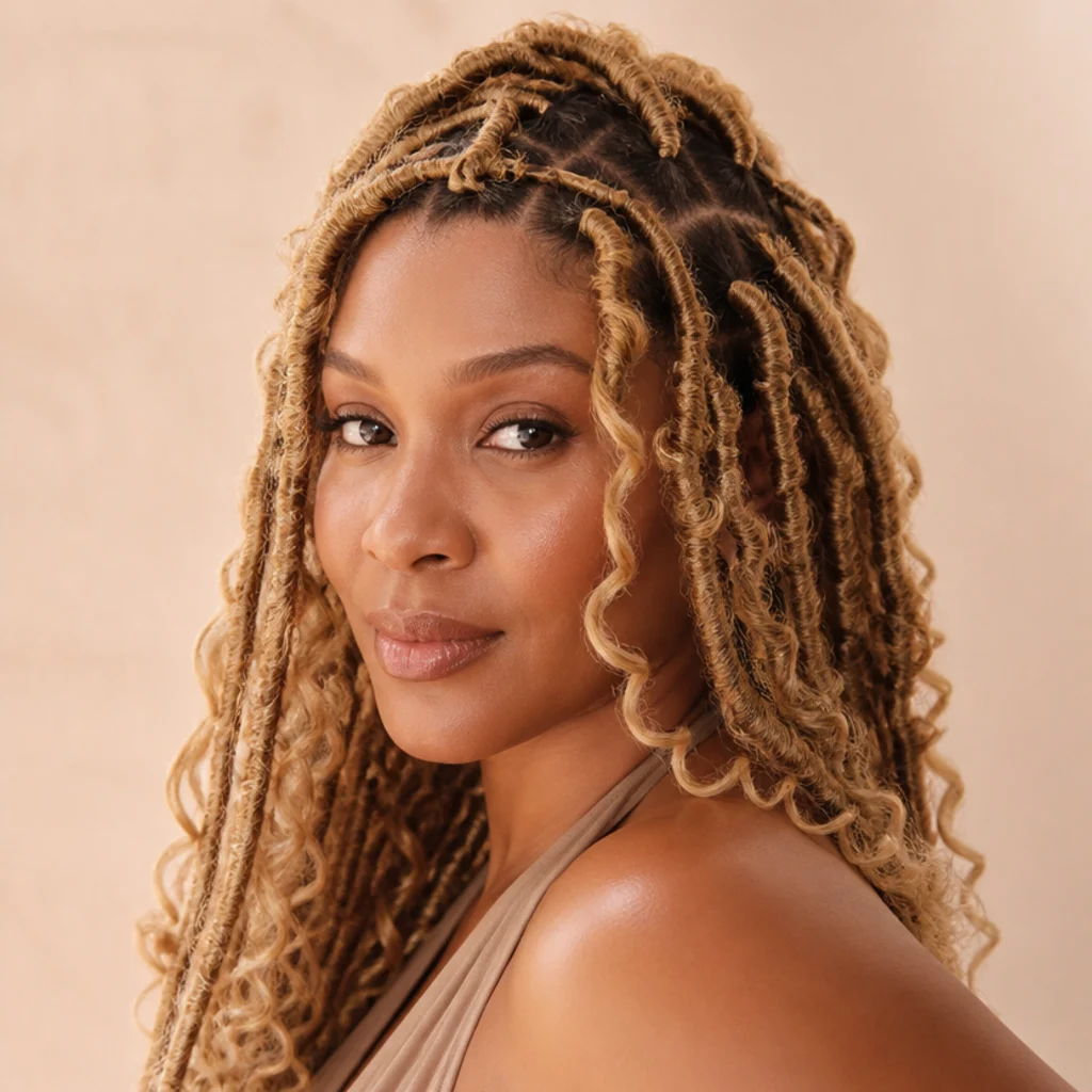 Black woman with warm honey blonde butterfly locs framing her face in soft directional studio light