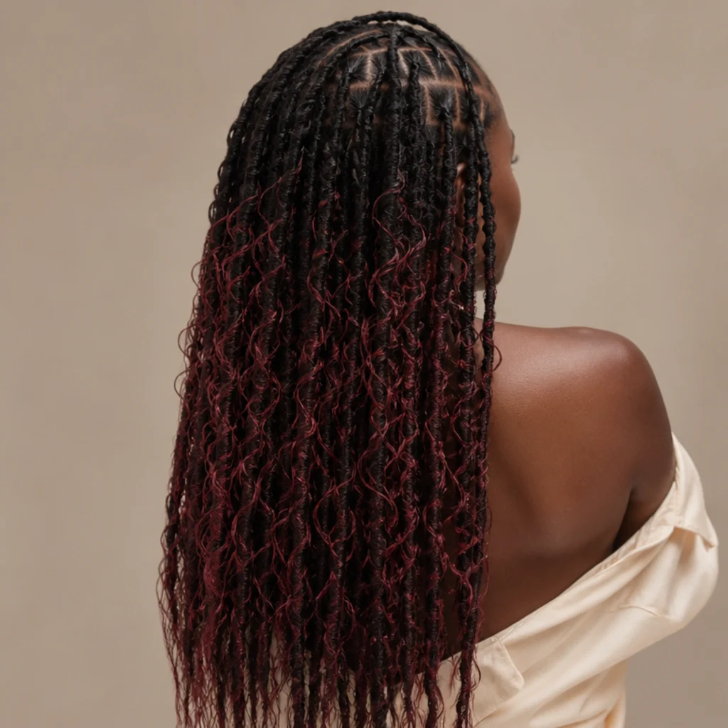 Back view of butterfly locs transitioning from natural dark roots into a rich wine burgundy ombre through the ends