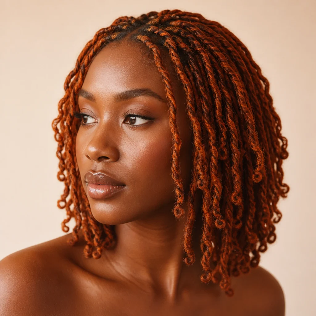 Three-quarter view of short butterfly locs in a warm earthy ginger spice tone ending near the collarbone