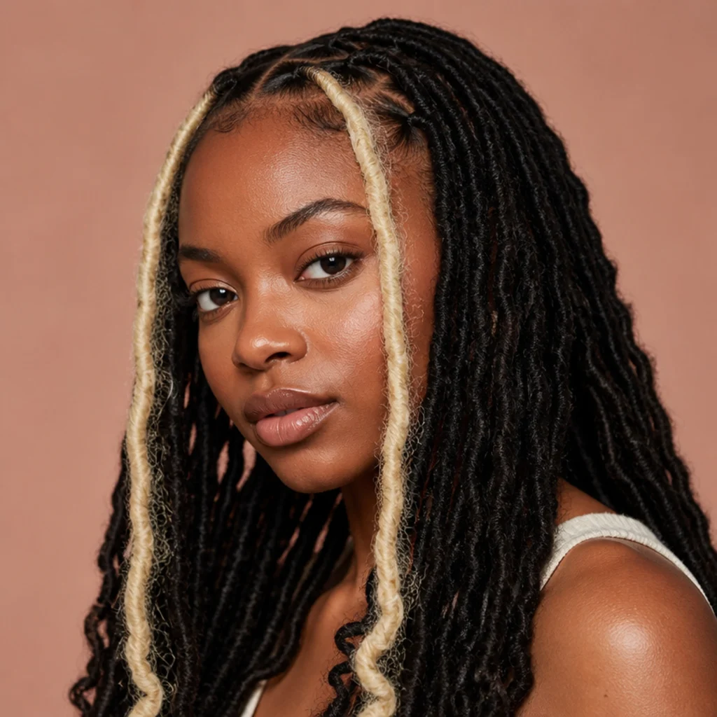 Black woman with dark butterfly locs and two bright platinum money-piece locs framing the front of her face