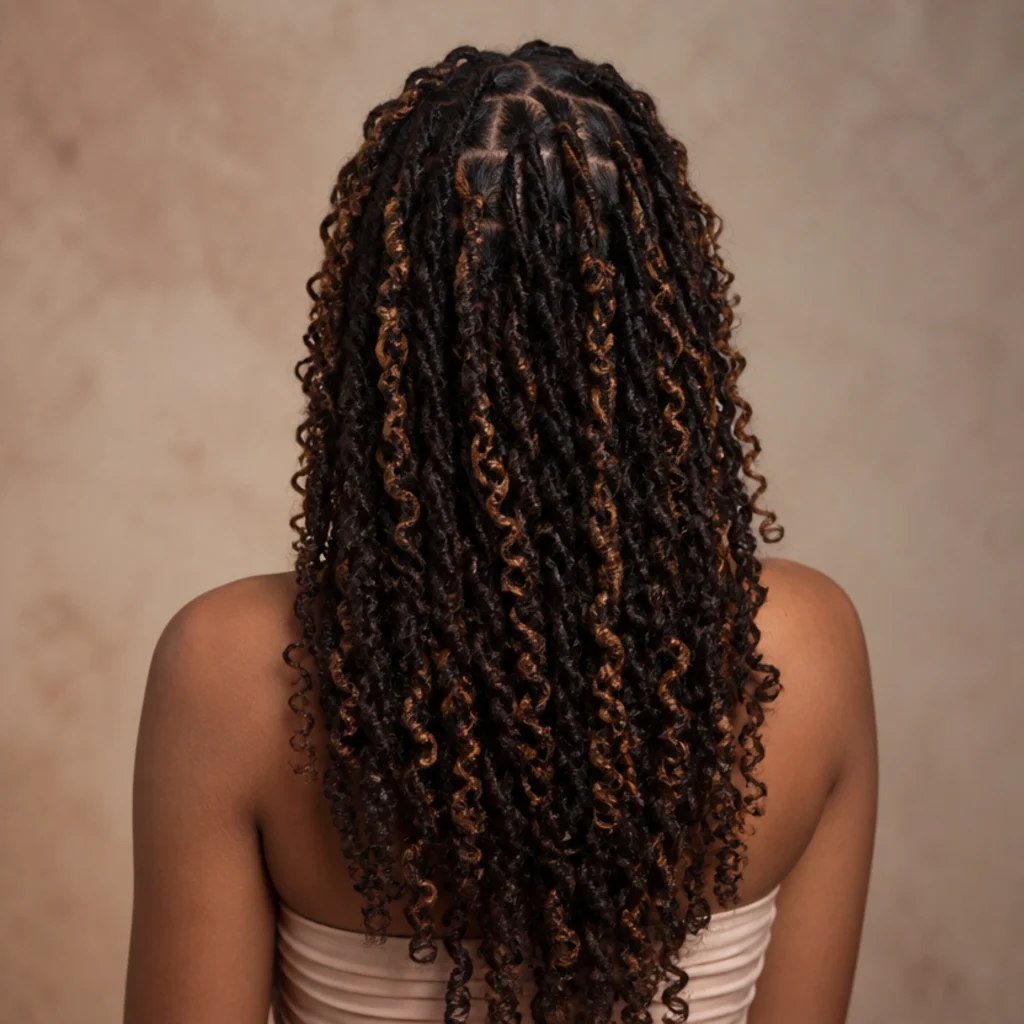 Back view of chocolate brown butterfly locs threaded throughout with soft scattered caramel highlighted locs