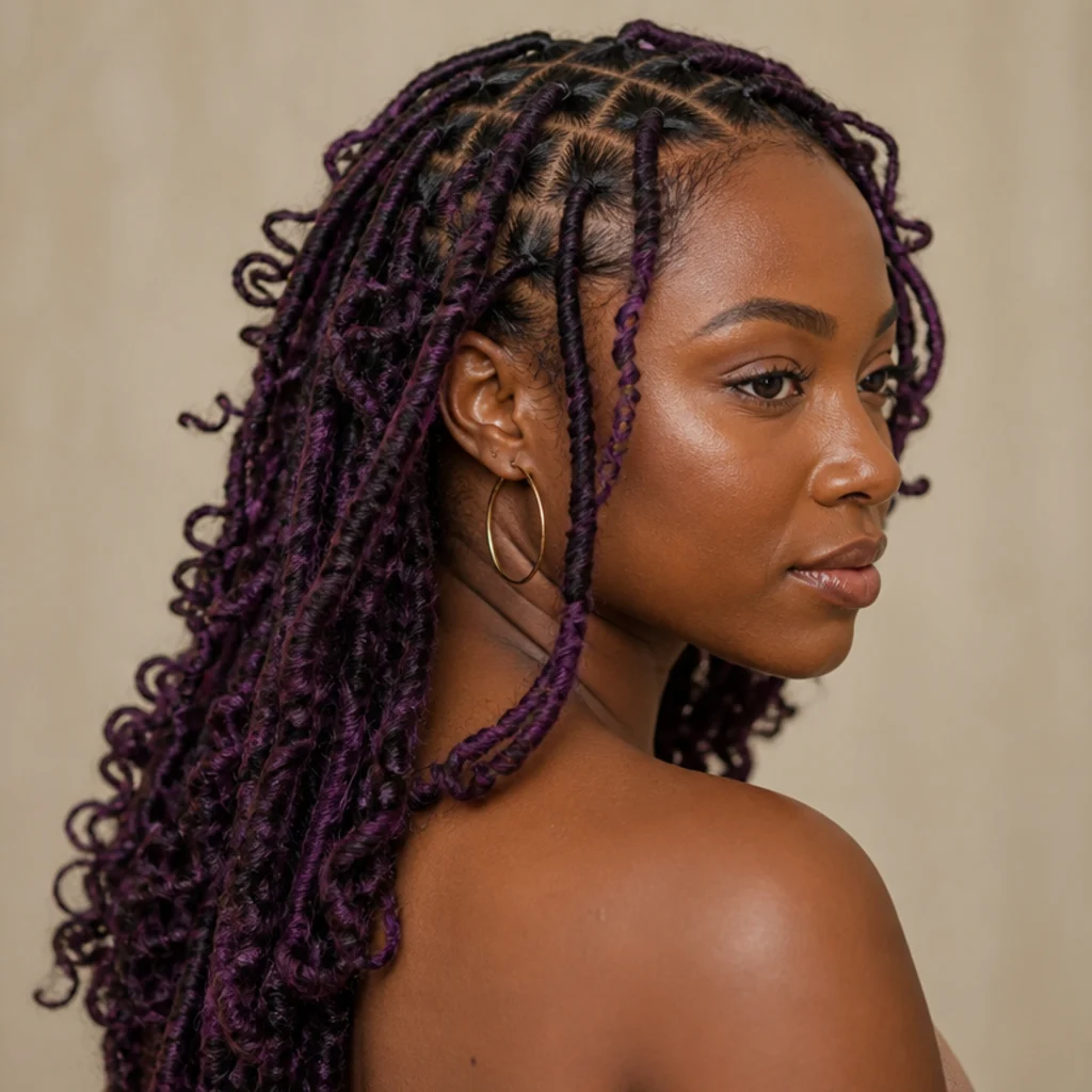 Three-quarter side view of butterfly faux locs in a deep plum purple that flashes violet in light, with soft distressed texture