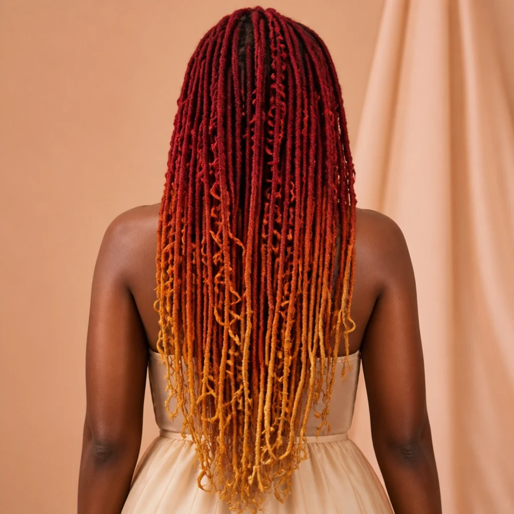 Back view of long butterfly locs blending deep red at the roots through orange into golden ends like a dusk sky