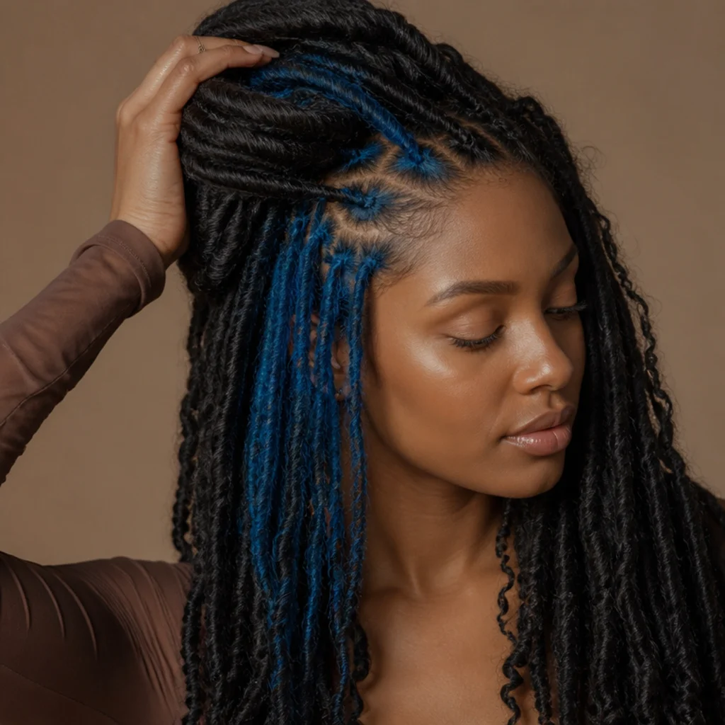 Black woman lifting the top layer of dark butterfly locs to reveal hidden bright blue peekaboo color underneath