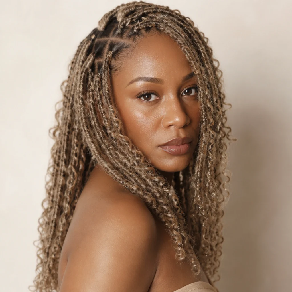Three-quarter view of butterfly locs blending cool ash blonde and soft brown for a dimensional smoky neutral tone