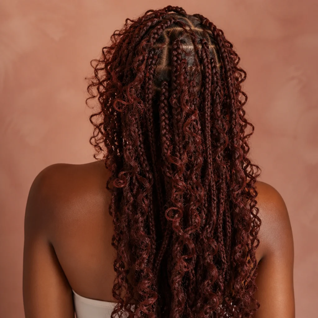 Back view of butterfly locs in a deep cherry cola red blending brown and red undertones with dimensional depth