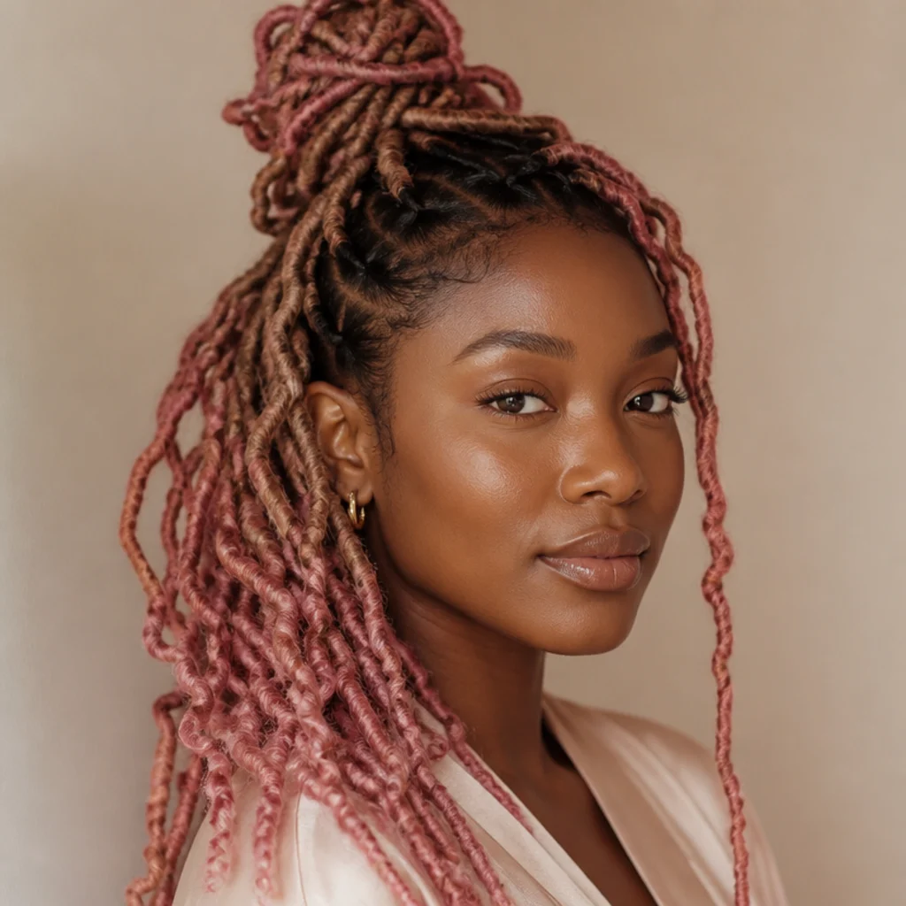 Black woman with soft pastel pink butterfly locs styled in a loose half-up shape in gentle light