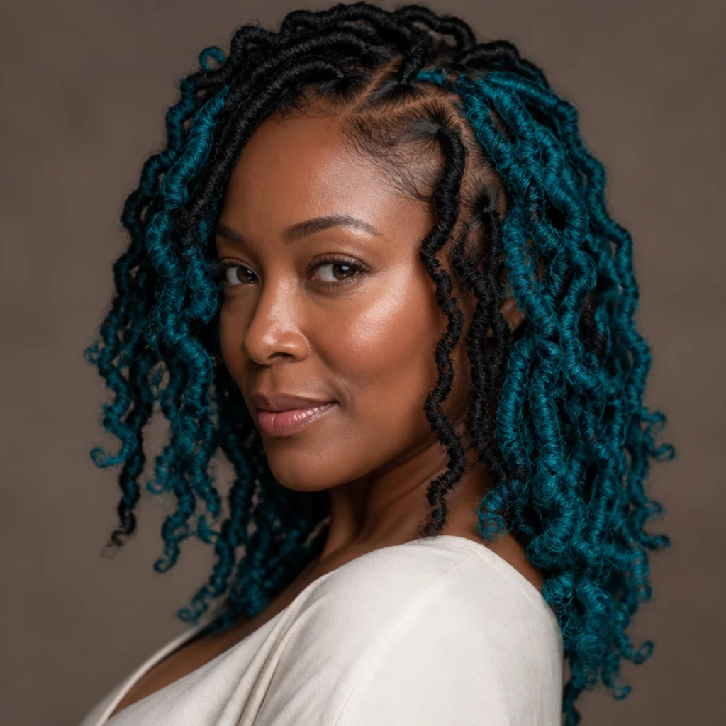Three-quarter side view of butterfly locs split into bold high-contrast teal and black color-blocked sections