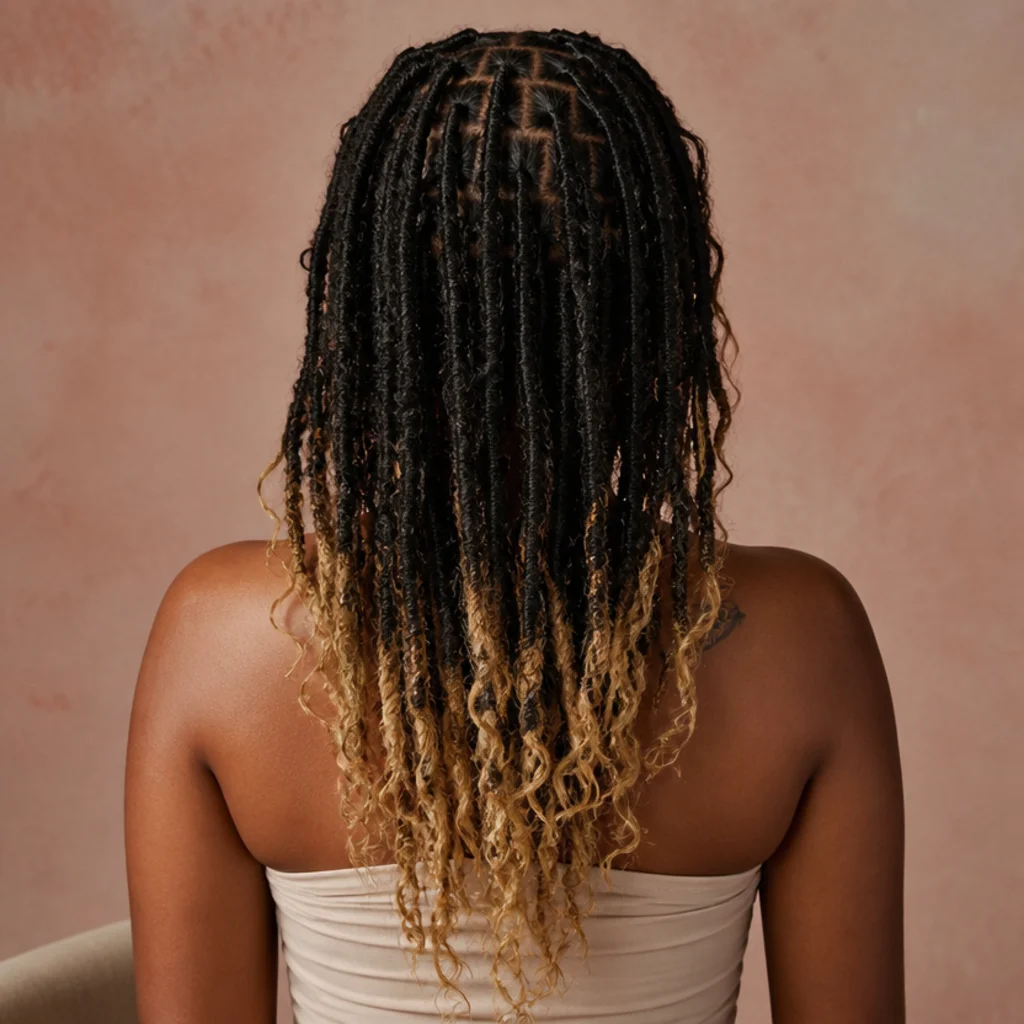 Back view of dark butterfly locs dipped in golden blonde only through the bottom few inches