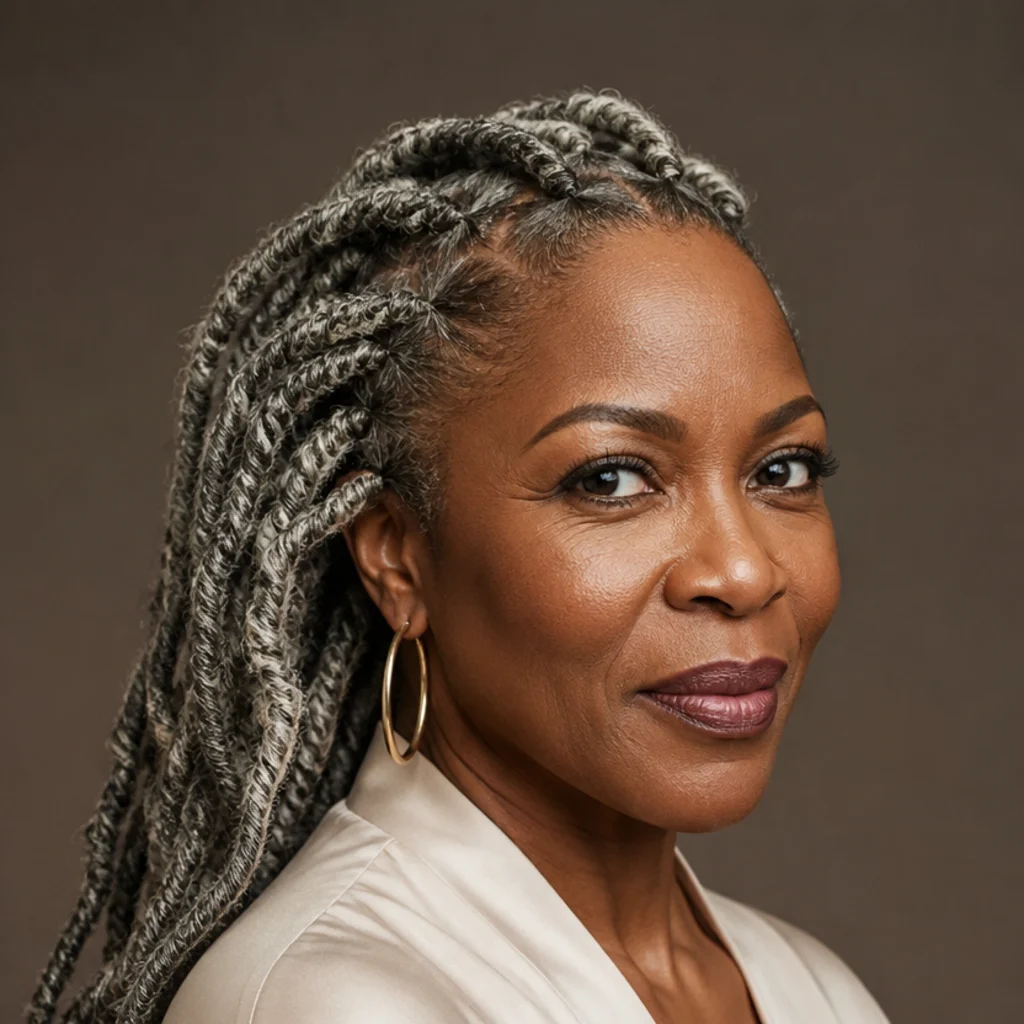 Black woman with cool metallic silver gray butterfly locs styled off the face in soft editorial studio light