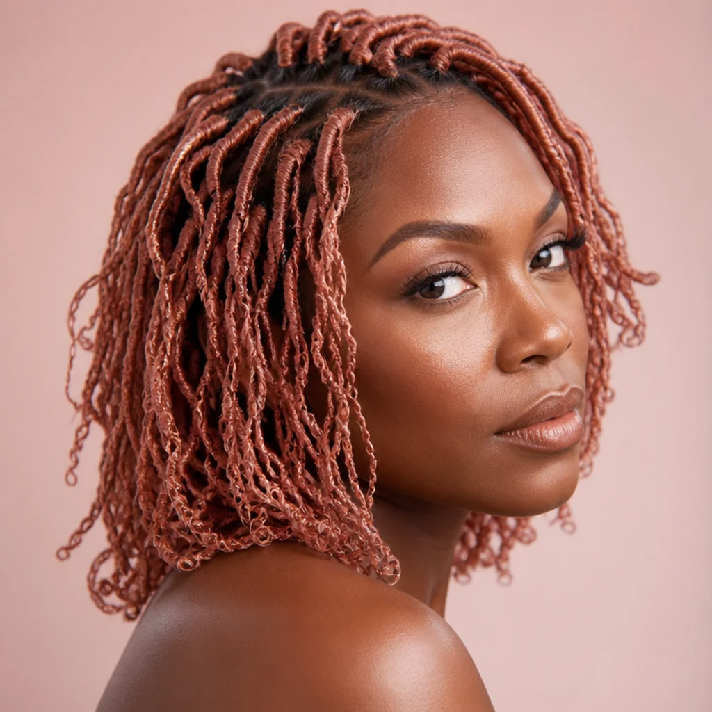 Three-quarter side view of short butterfly locs in a warm rose gold blend of pink and copper ending near the shoulders