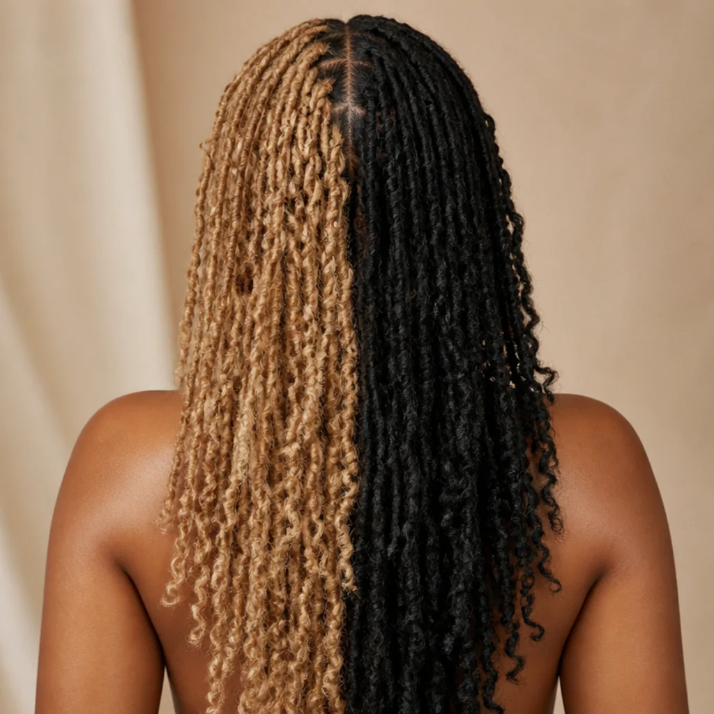 Back view of butterfly locs split vertically down the center into two contrasting halves of color