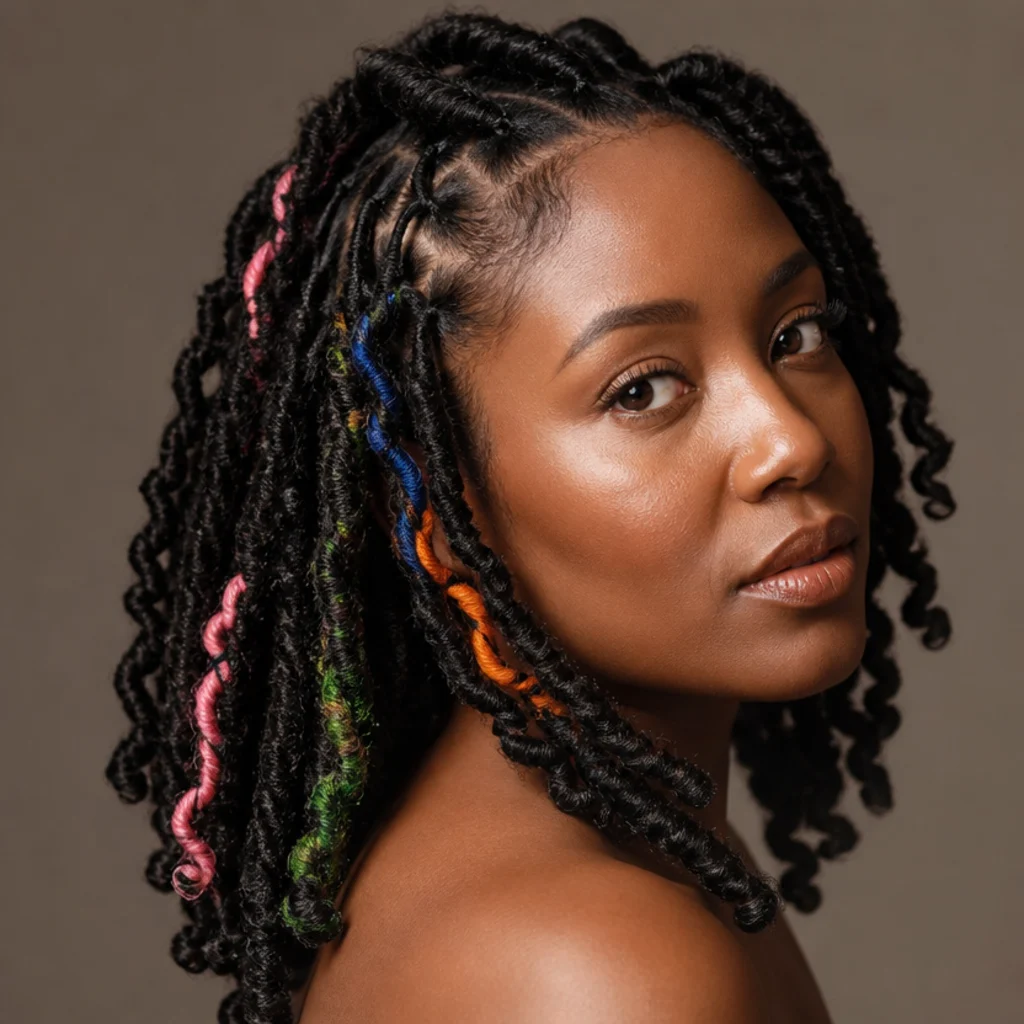 Three-quarter view of dark butterfly locs threaded with a few scattered rainbow-colored accent locs peeking through