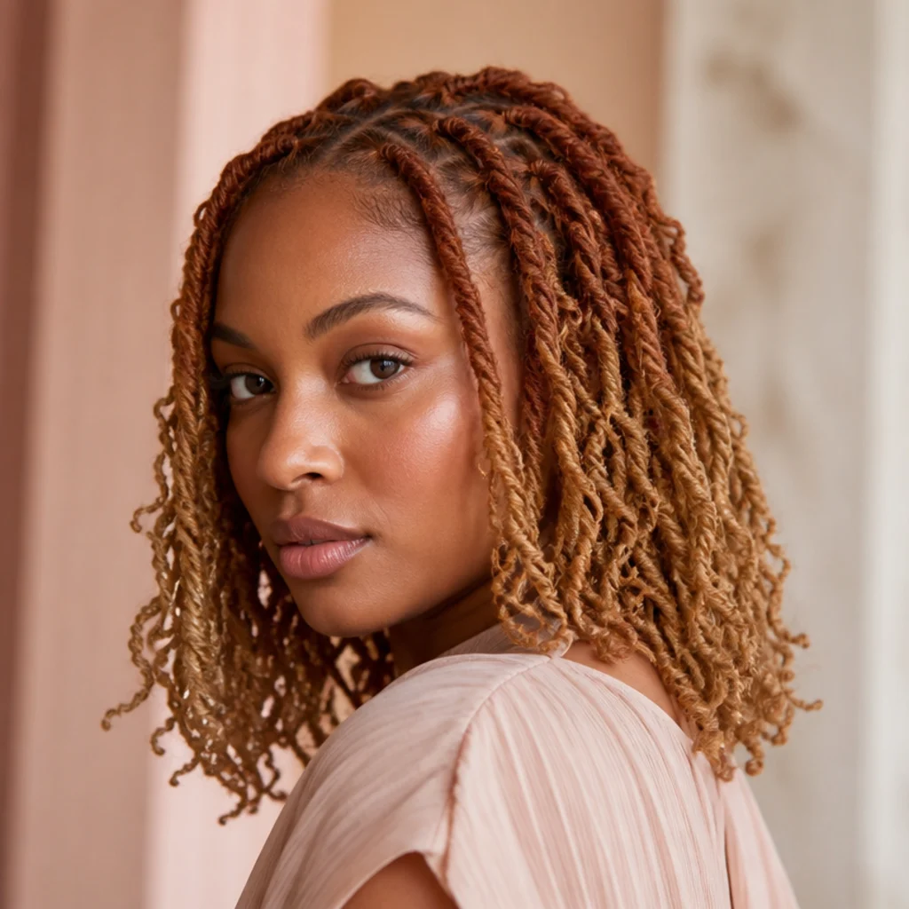 Black woman in three-quarter profile wearing shoulder-length butterfly locs with warm copper and honey color melt