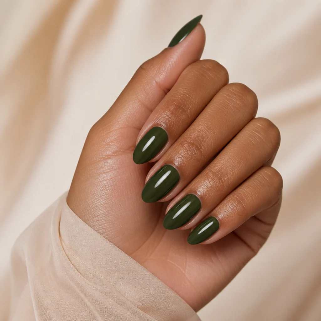 Medium almond nails in glossy dark olive green with clean cuticles on warm-toned skin