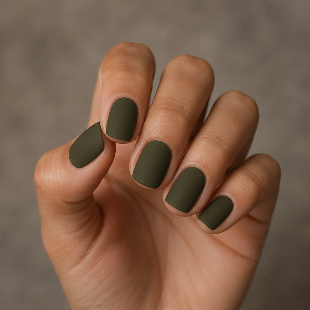 Short squoval nails in matte dark olive green on neutral-toned hands