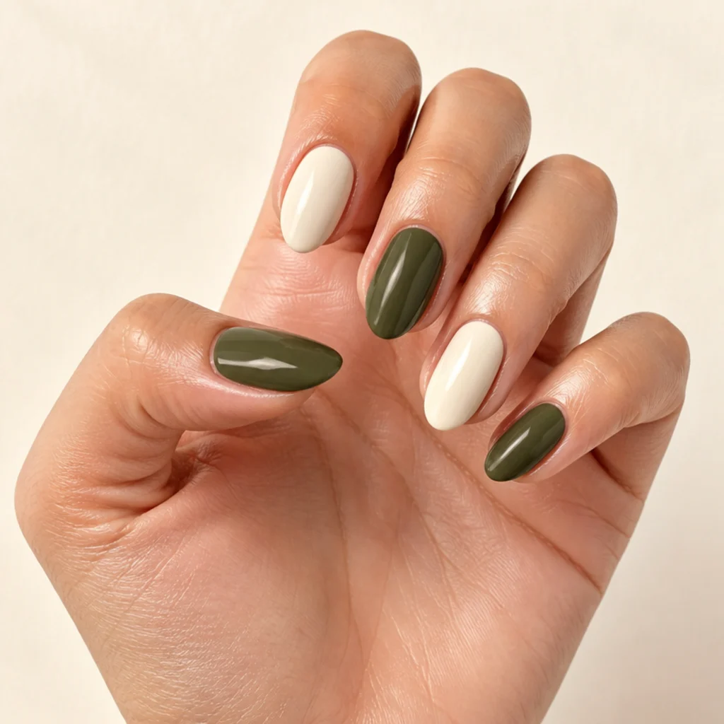 Almond nails alternating dark olive green and creamy white in a color-block layout
