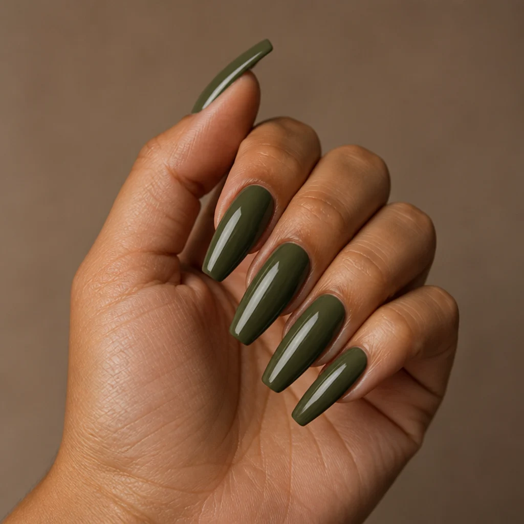 Long coffin acrylic nails in solid dark olive green with sculpted sidewalls