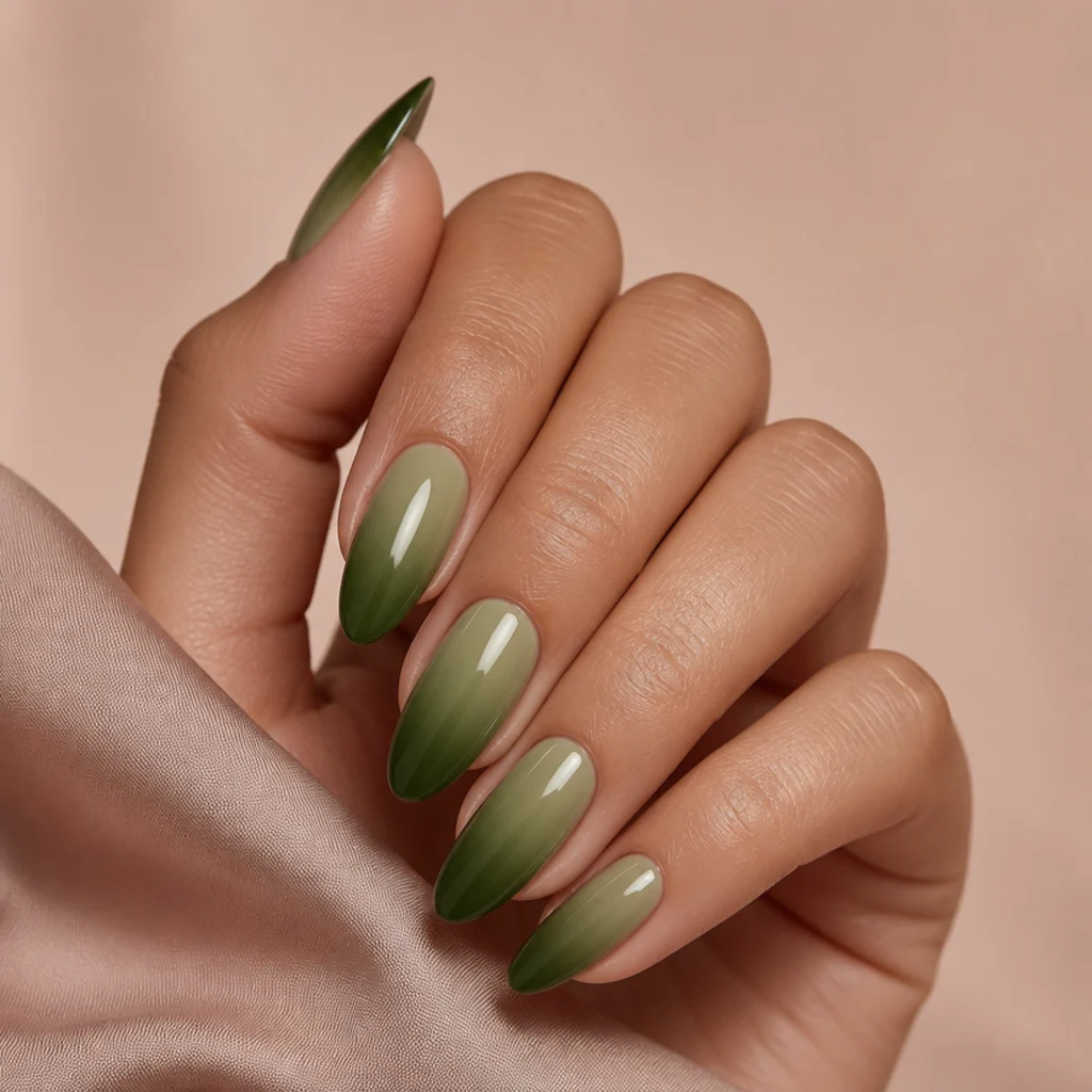 Almond nails with a gradient fading from light olive at the cuticle to dark olive at the tip