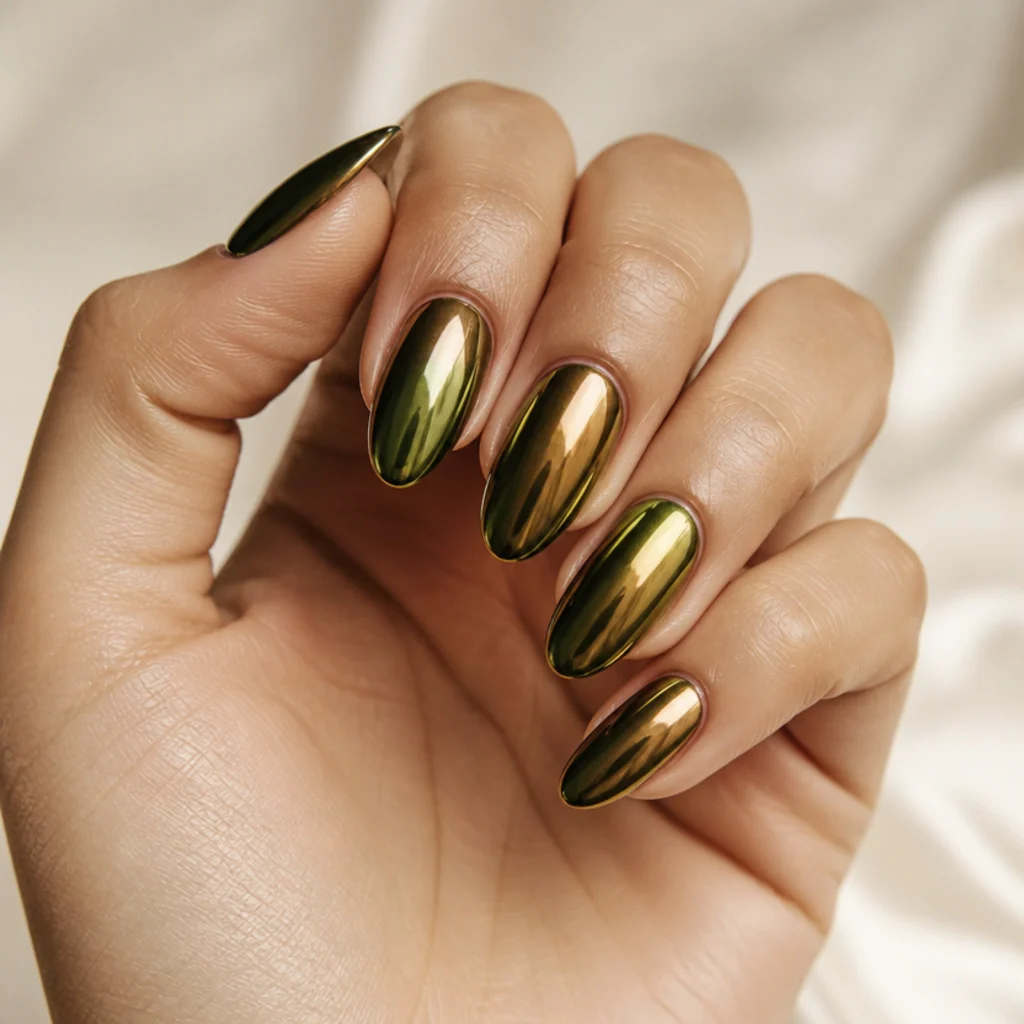 Almond nails in dark olive green with a reflective chrome mirror finish