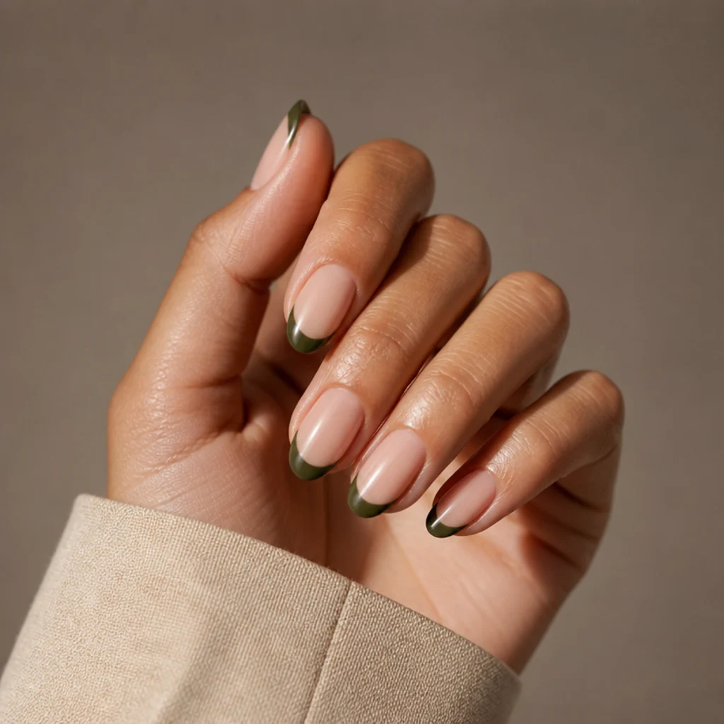 Short almond nails with a nude base and dark olive green French tips