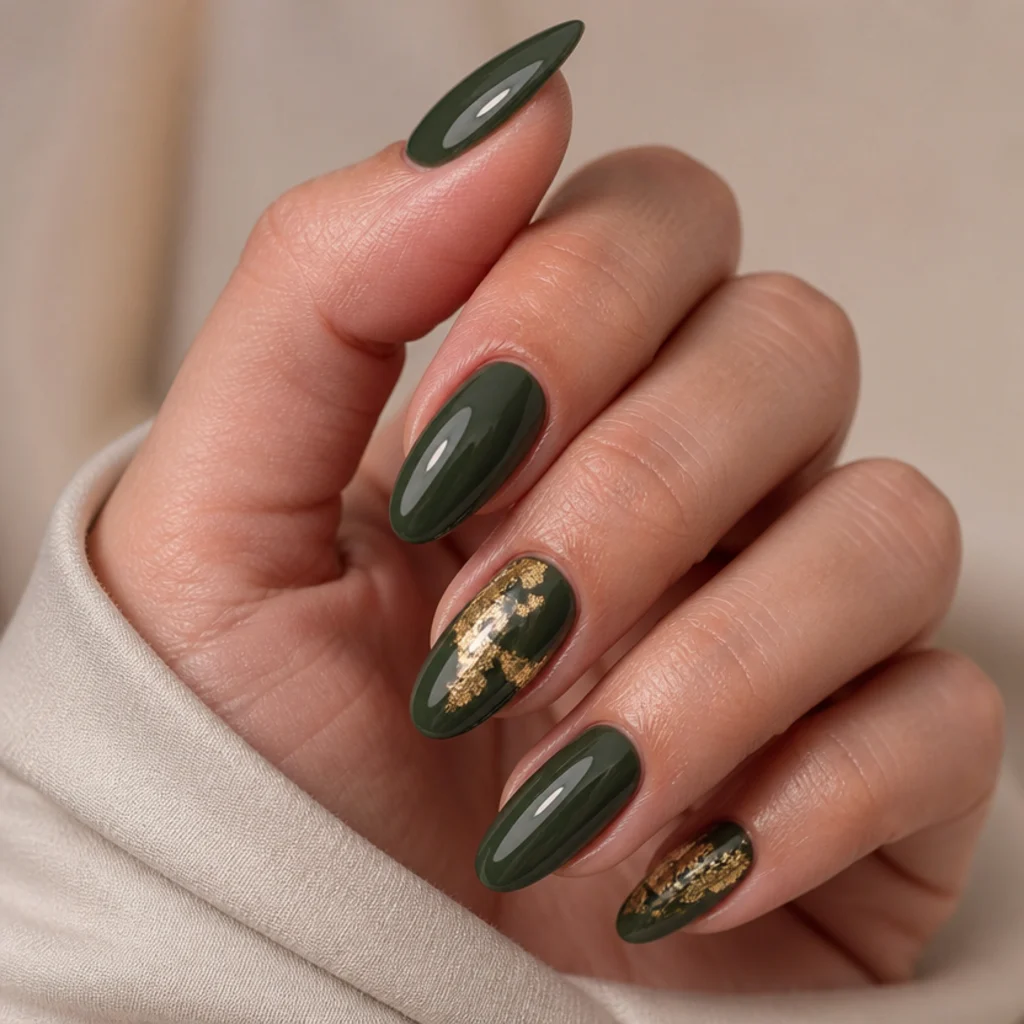 Dark olive green nails accented with scattered gold leaf foil flakes