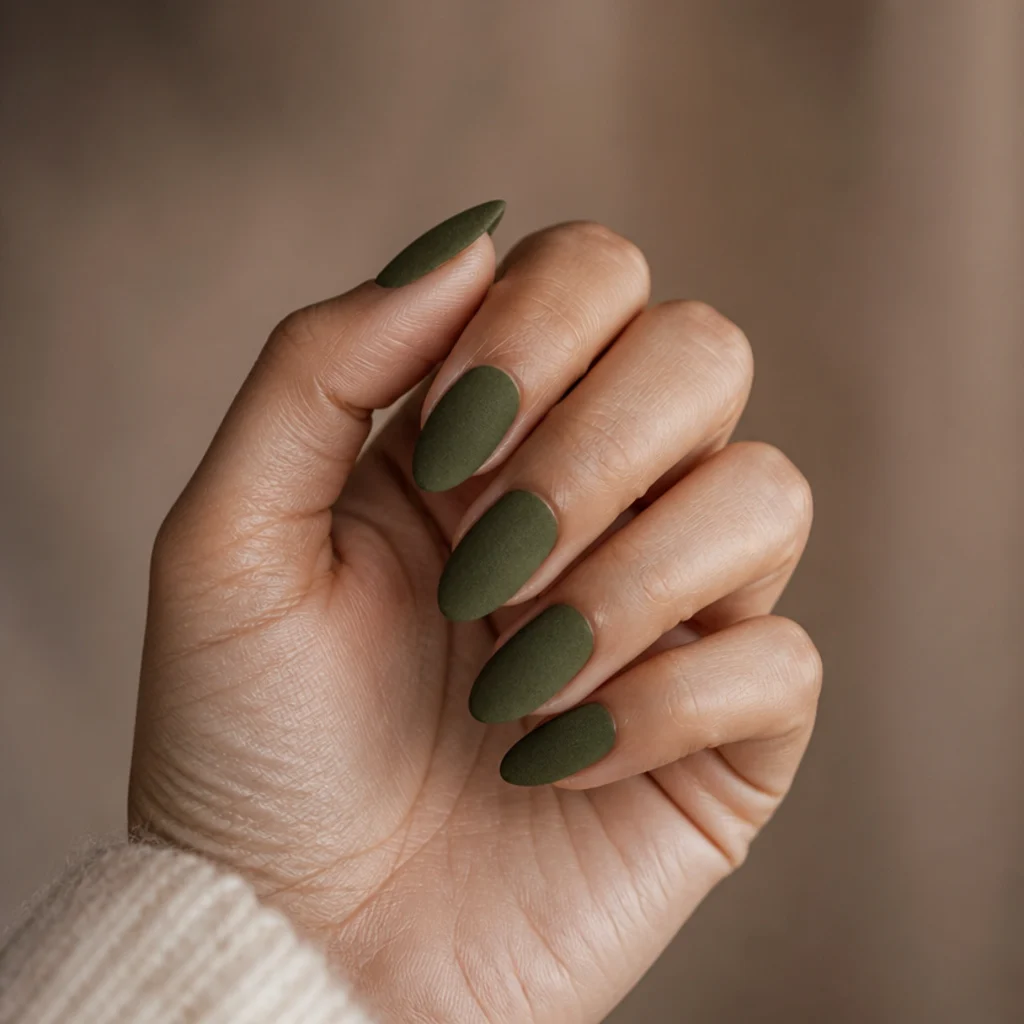 Almond nails in a soft velvet matte dark olive green under diffused light