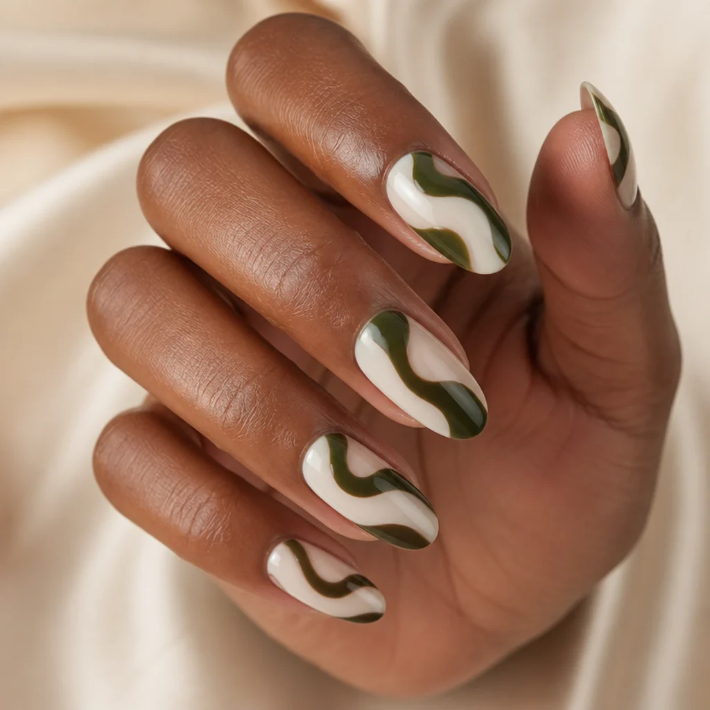 Almond nails with fluid swirls of dark olive green and cream on each nail