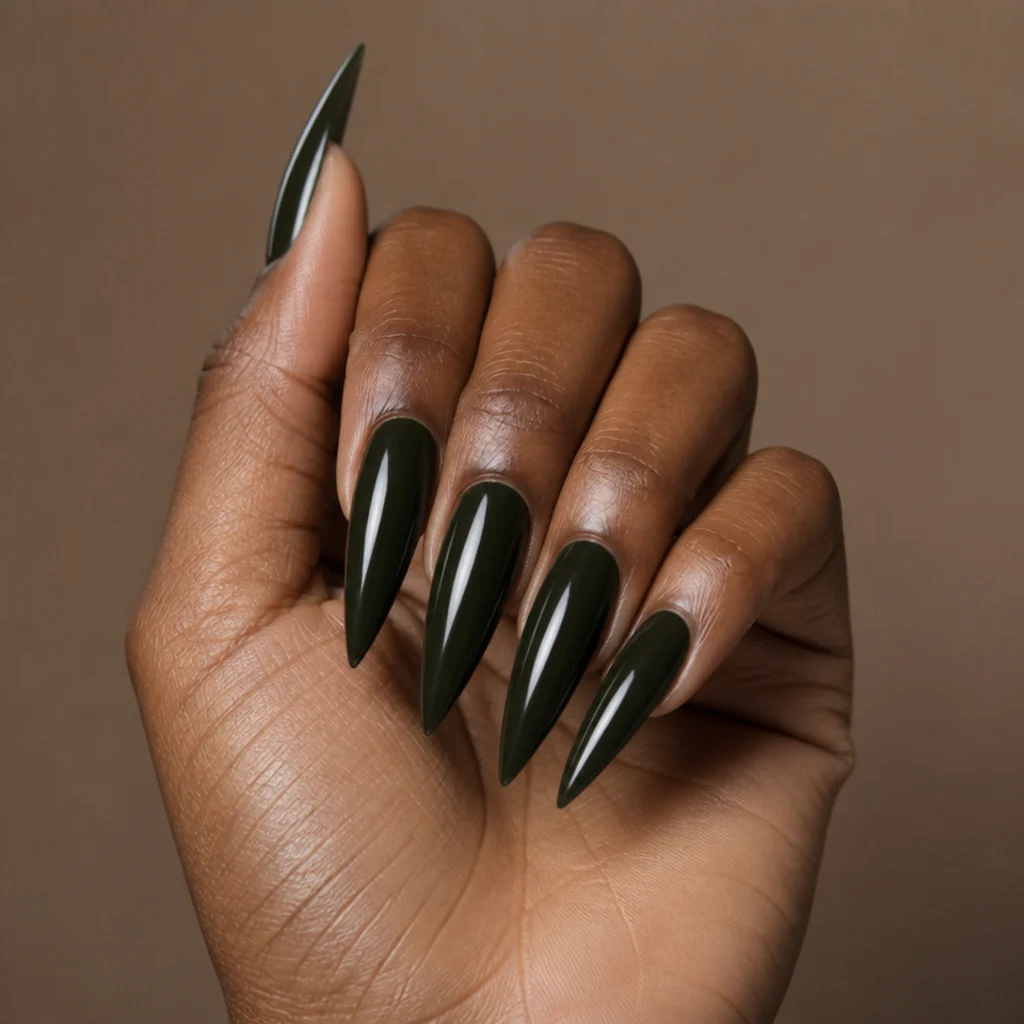 Long stiletto nails in deep dark olive green with sharp tapered points